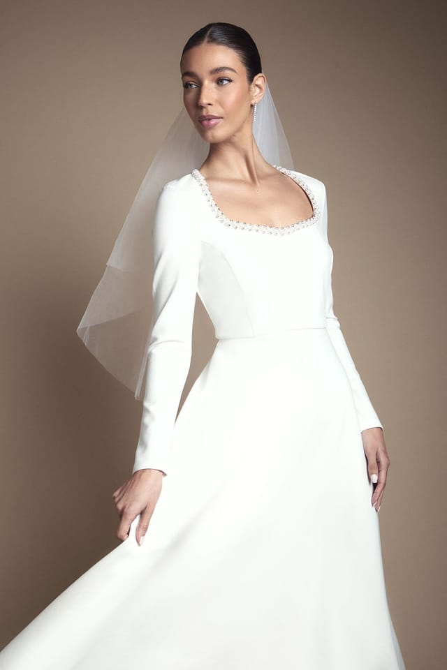 Coast Coast Women's Crystal Trim Ponte Long Sleeve Midi Wedding Dress in Ivory - 2
