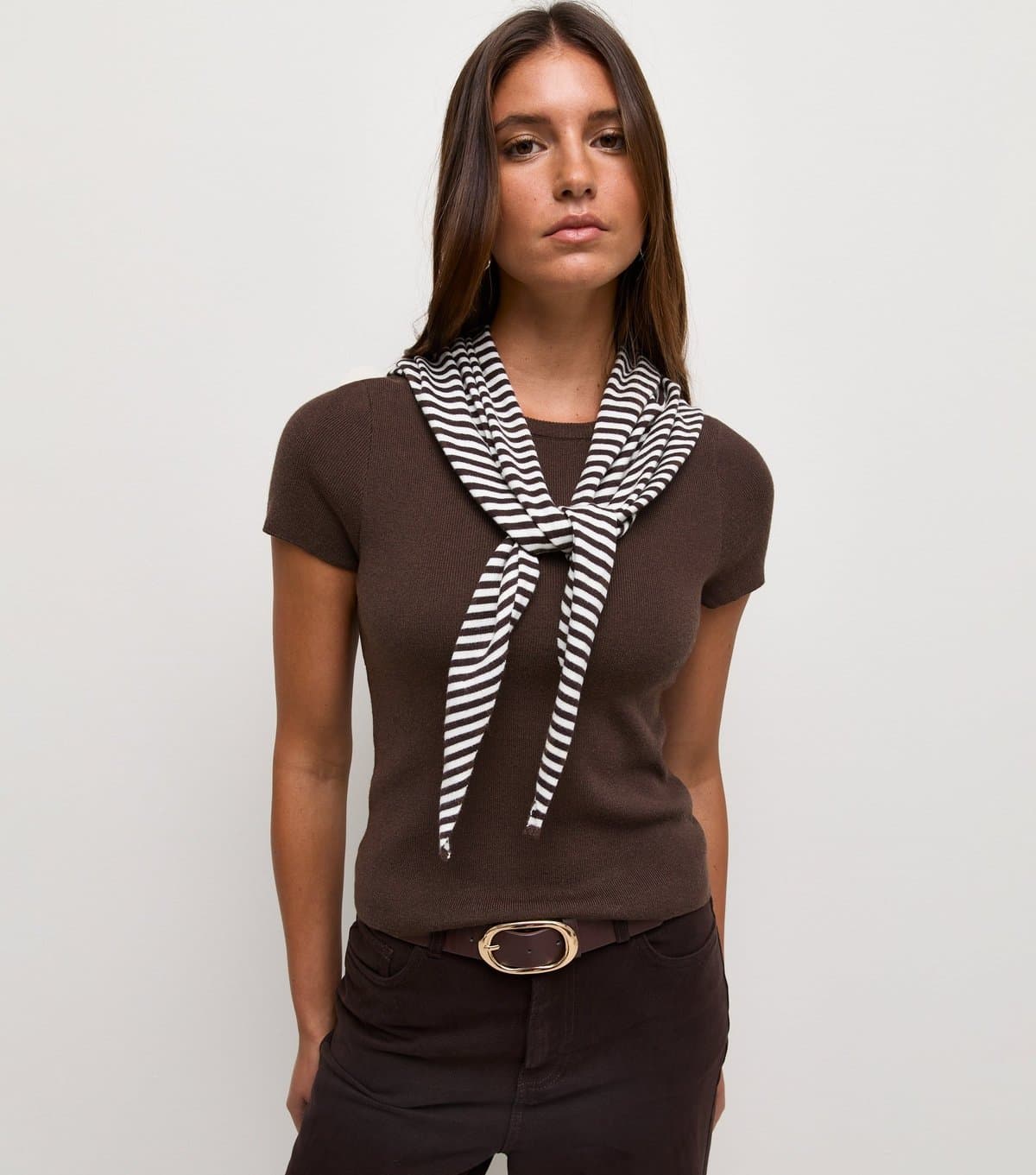 New Look Women's Brown Ribbed Striped Scarf T-Shirt New Look