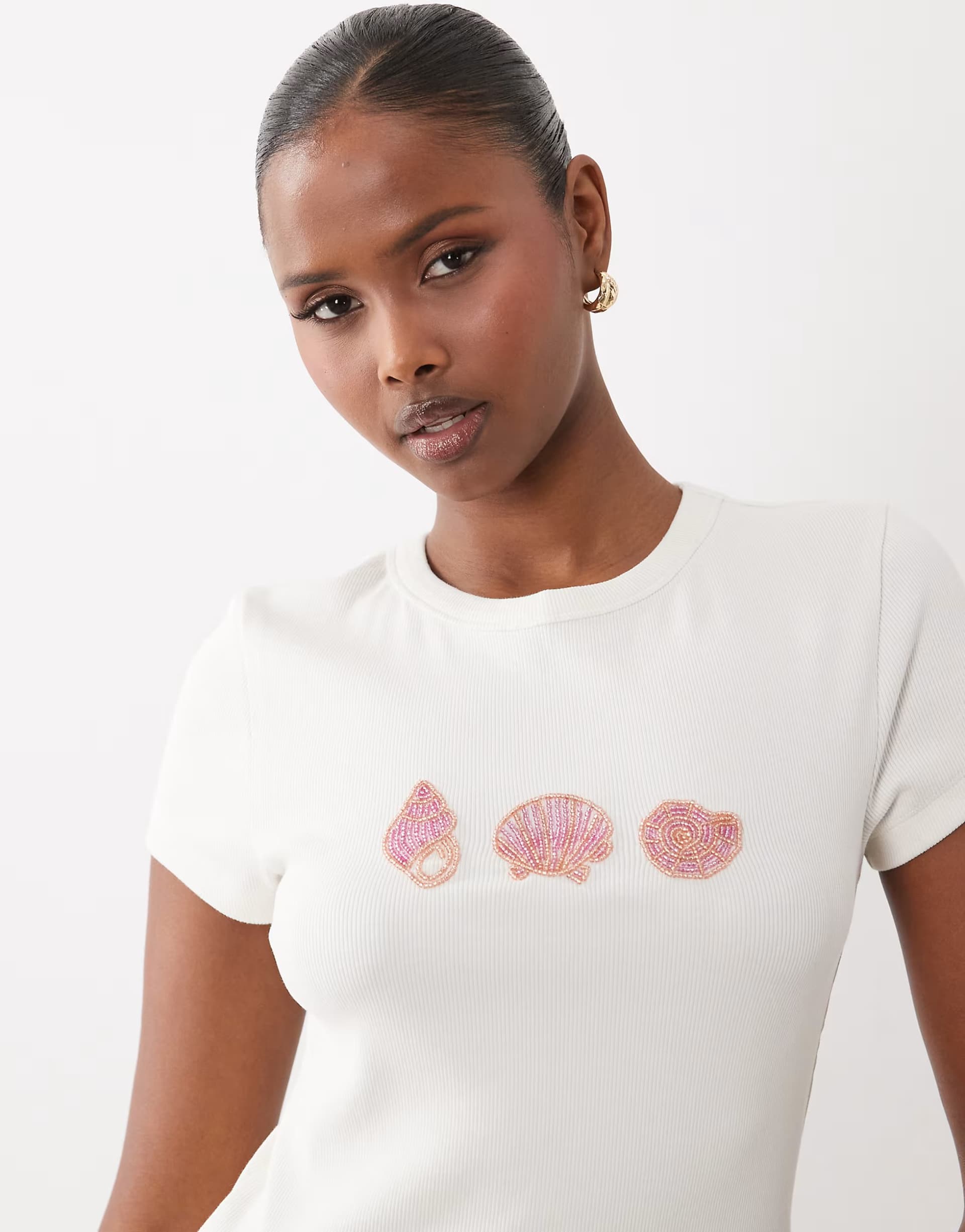 ASOS ASOS DESIGN rib baby tee with beaded shell embellishment in white