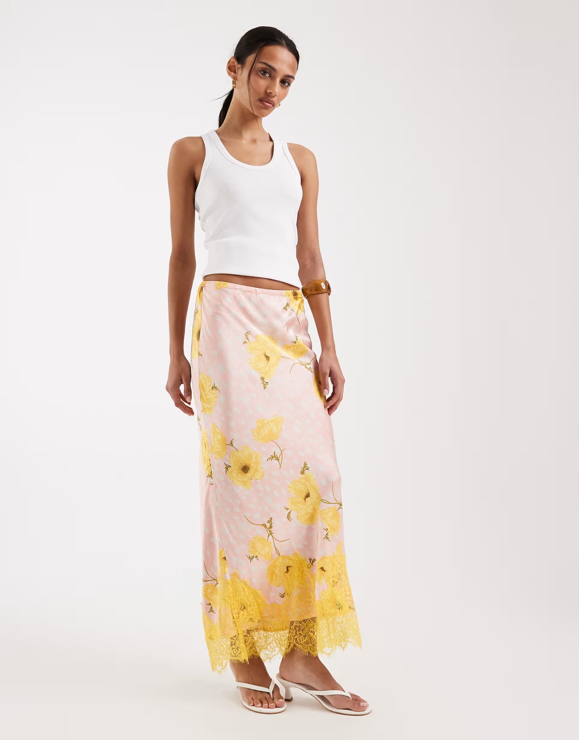 ASOS Never Fully Dressed Maeva satin maxi skirt with lace trim hem in pink spot floral