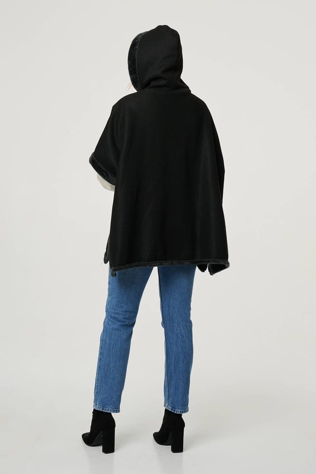 Izabel London Izabel London Women's Faux Fur Lined Hooded 1/2 Sleeve Poncho in Black - 3