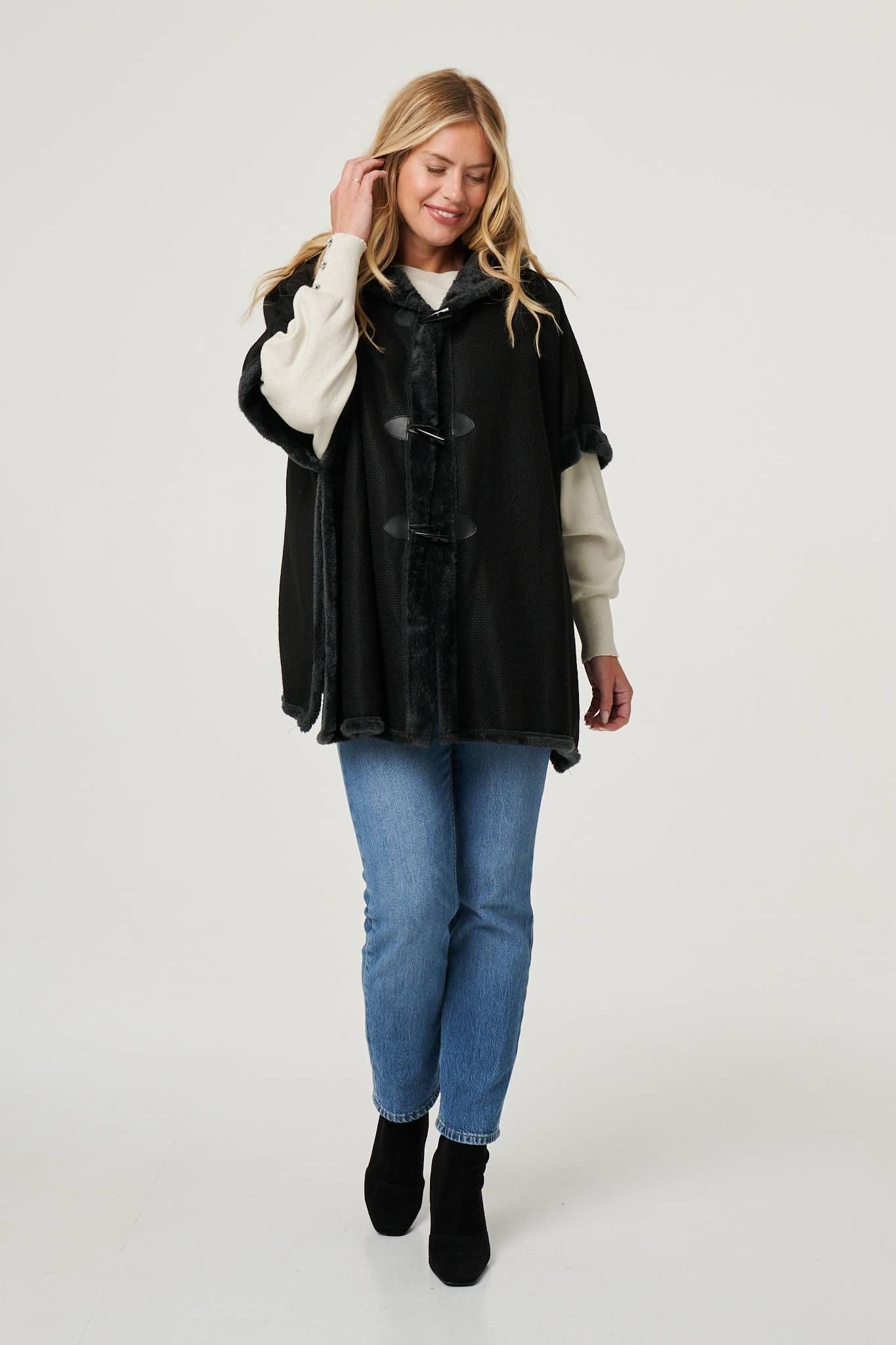 Izabel London Izabel London Women's Faux Fur Lined Hooded 1/2 Sleeve Poncho in Black - 4