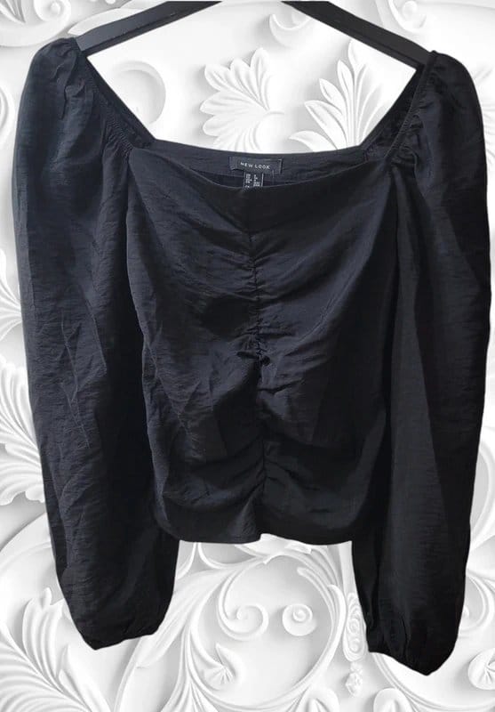 New Look Black Taffeta Ruched Blouse - Size 8