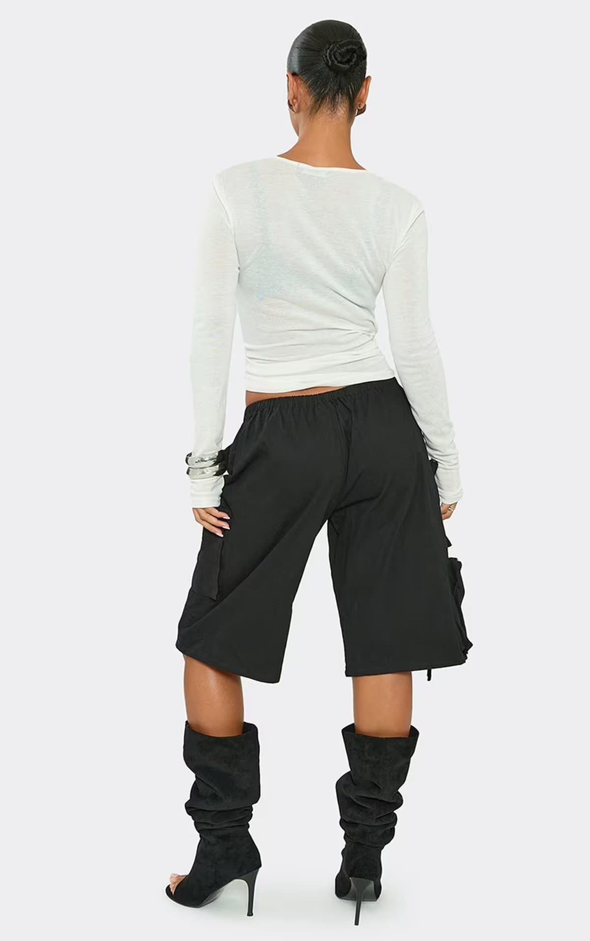 EGO Low Rise Drawstring Waist Pocket Detail Cargo Jort In Black, Women's Size UK 6