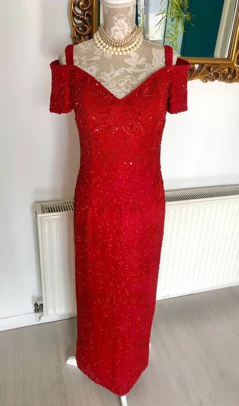 Serenade Vintage Serenade Red 100% Silk Heavily Beaded Maxi Long Evening Dress/ Gown