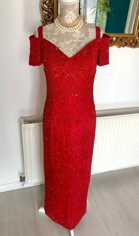 Serenade Vintage Serenade Red 100% Silk Heavily Beaded Maxi Long Evening Dress/ Gown - 1