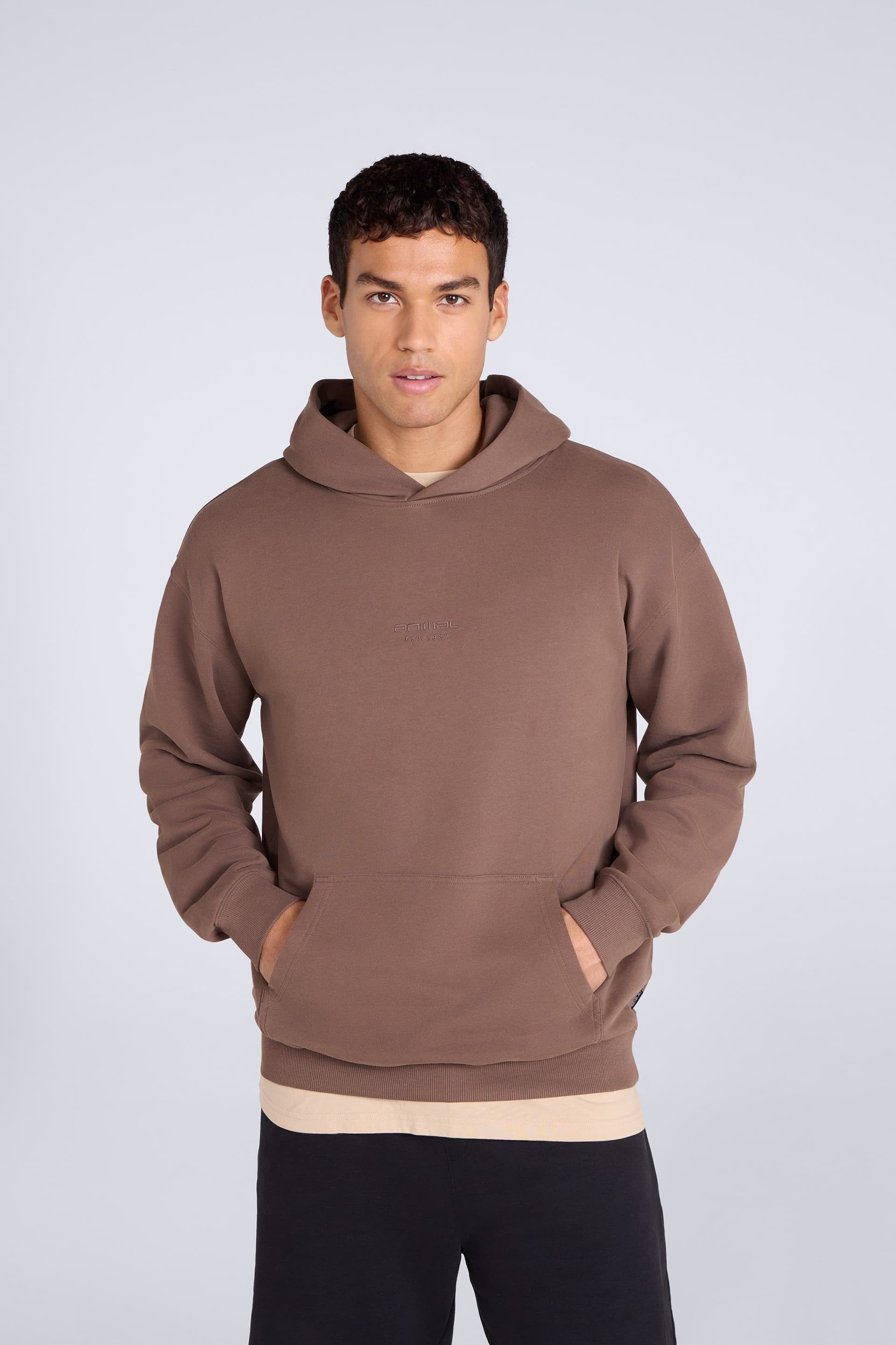 Animal Animal Men's 'Icon' Logo Print Kangaroo Pocket Cotton Snug Fit Drop Shoulder Hoody in Brown