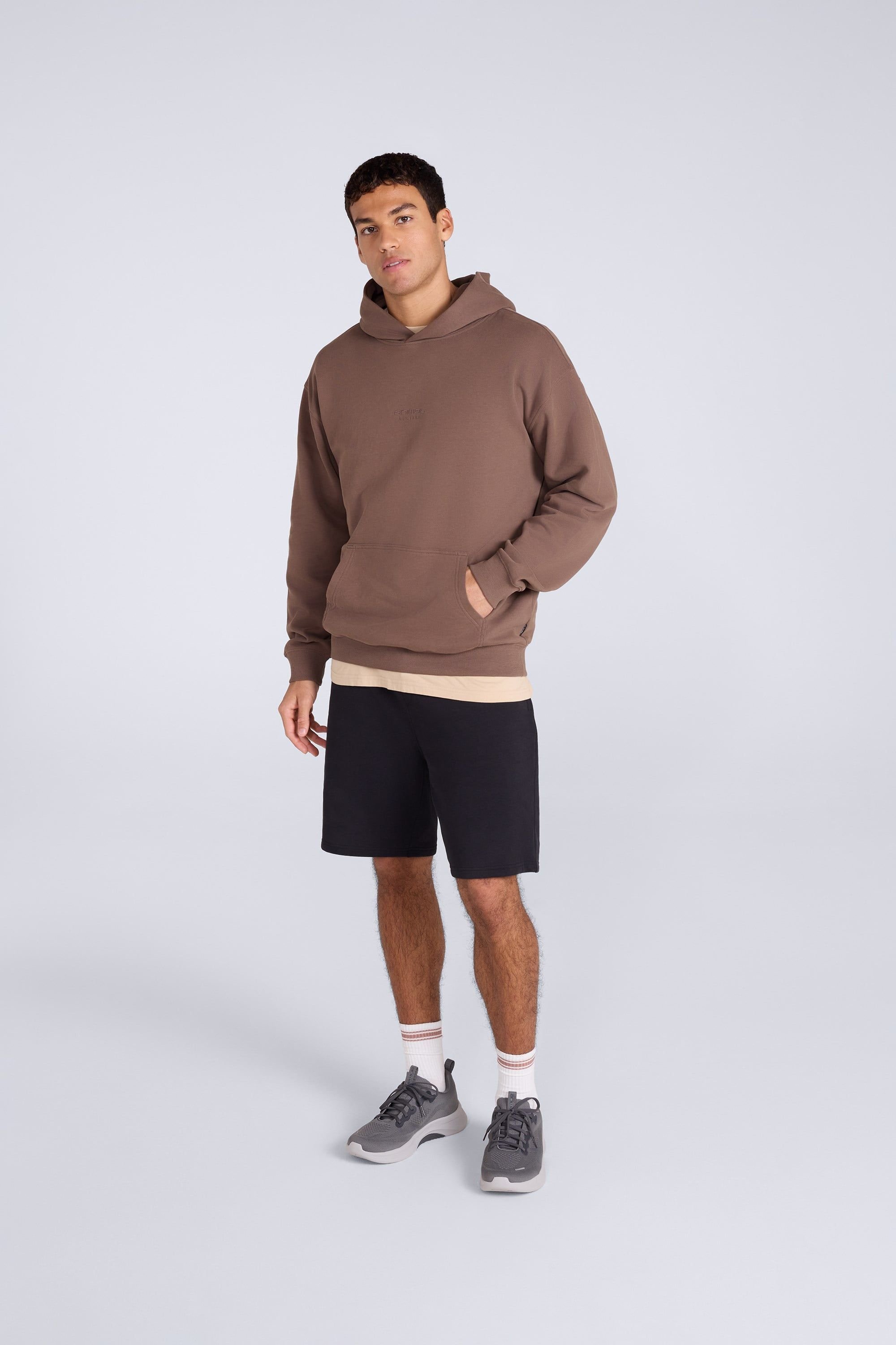 Animal Animal Men's 'Icon' Logo Print Kangaroo Pocket Cotton Snug Fit Drop Shoulder Hoody in Brown - 2