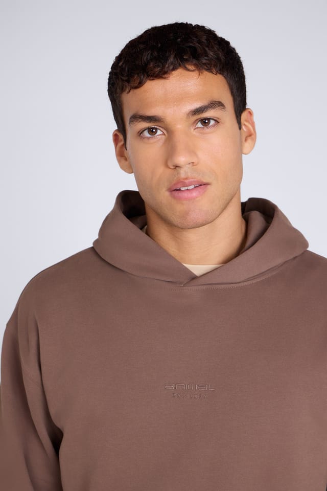 Animal Animal Men's 'Icon' Logo Print Kangaroo Pocket Cotton Snug Fit Drop Shoulder Hoody in Brown - 3