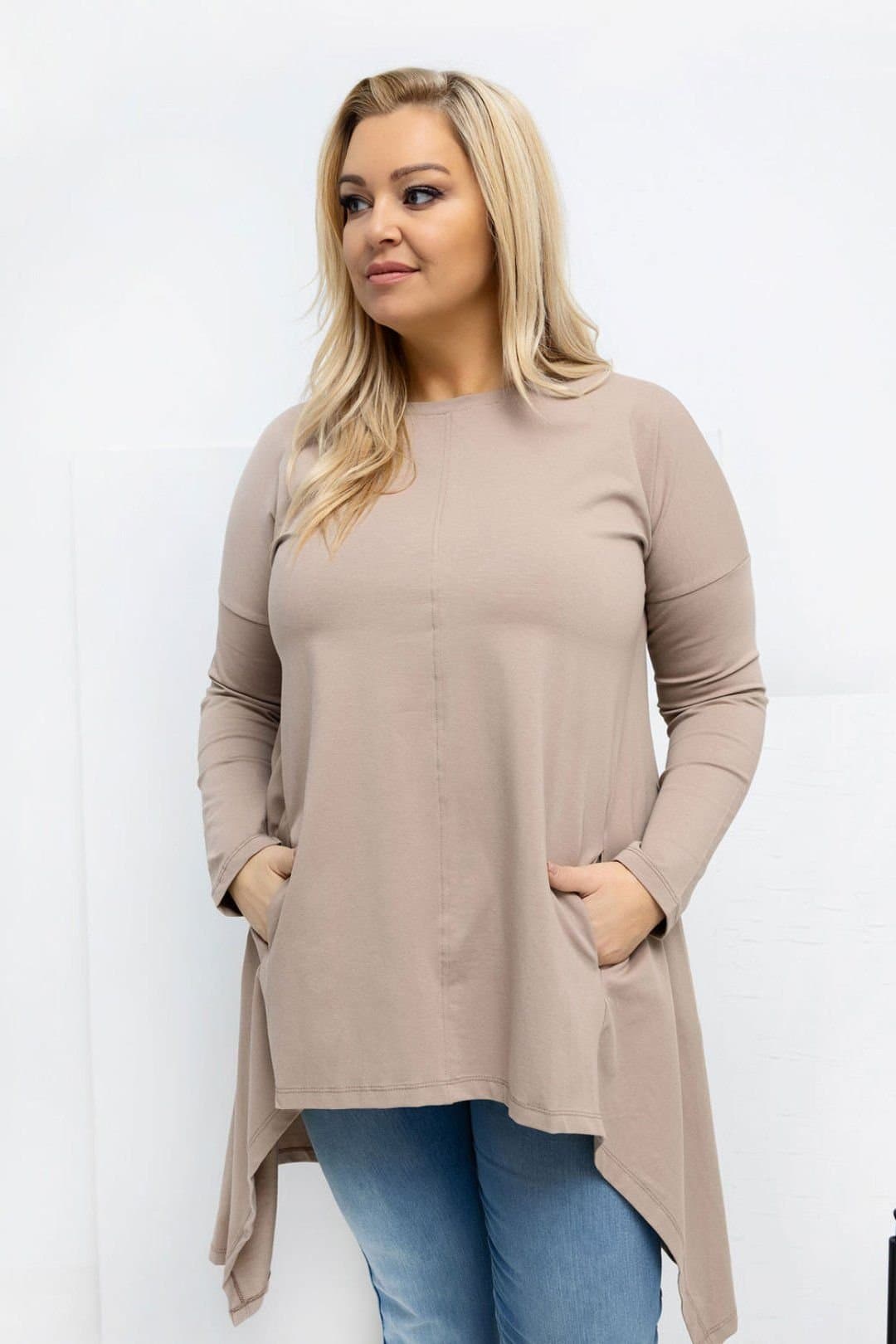 Love Lace Love Lace Women's Asymmetrical Casual Blouse with Side Pockets in Beige