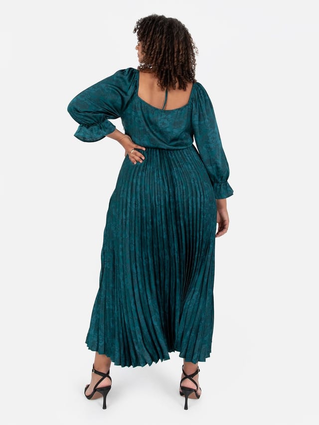 Lovedrobe Lovedrobe Women's Tie-Neck Pleated Satin Midaxi Dress in Green - 3