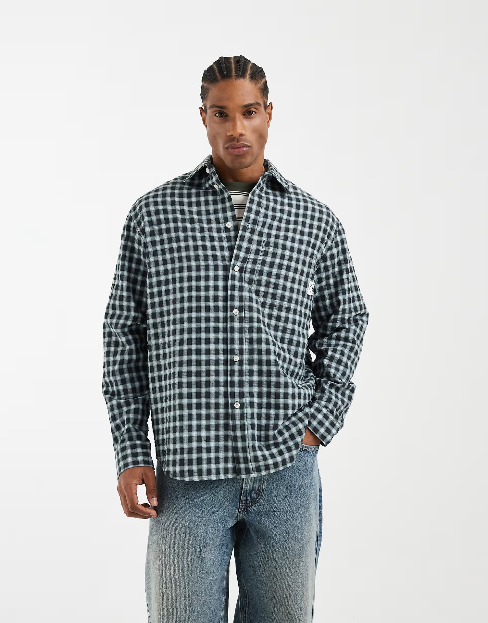 ASOS Double A By Wood Wood Cotton-Rich Slate Check Long Sleeve Shirt
