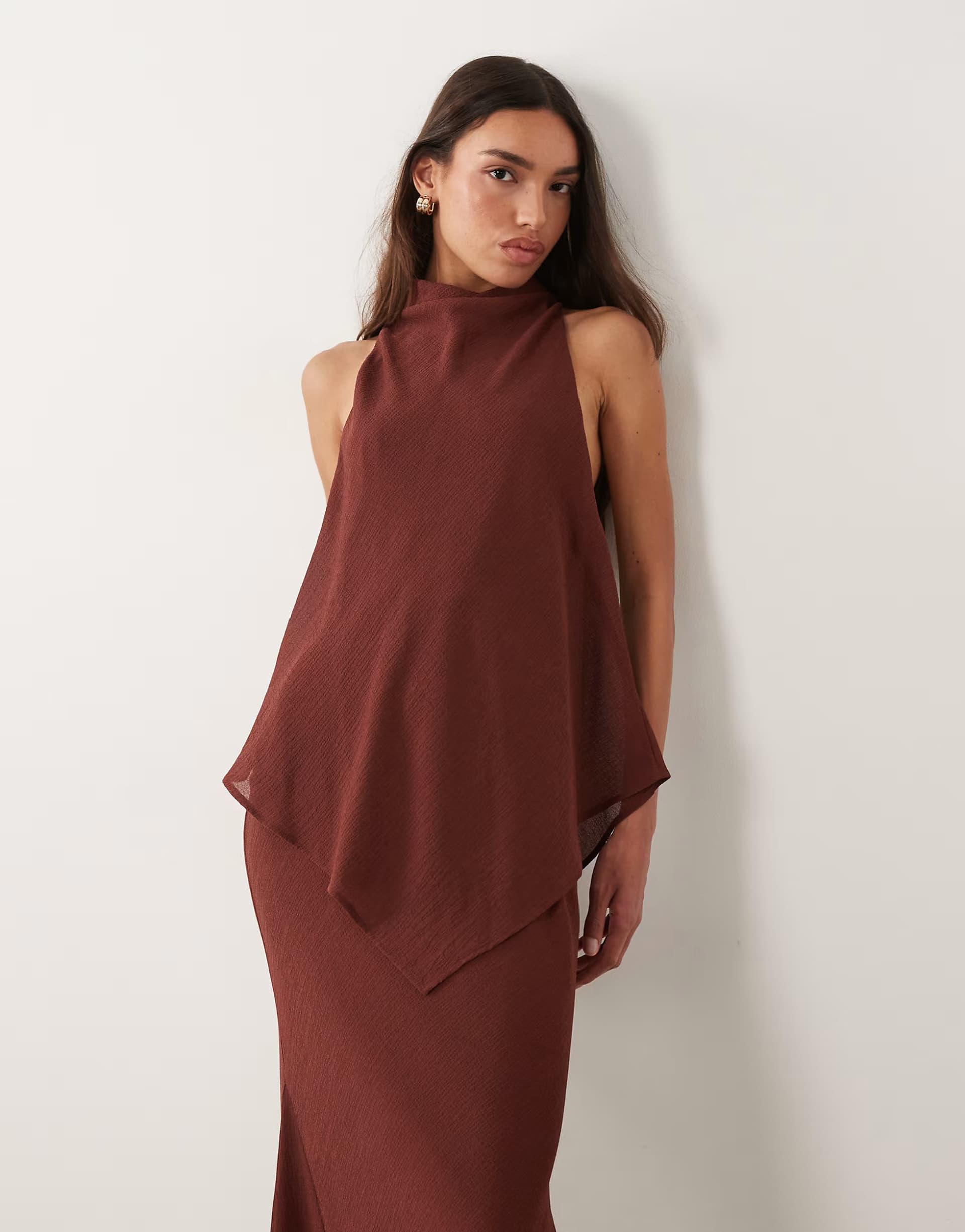 ASOS ASOS DESIGN chiffon high neck double layer maxi dress in chocolate brown