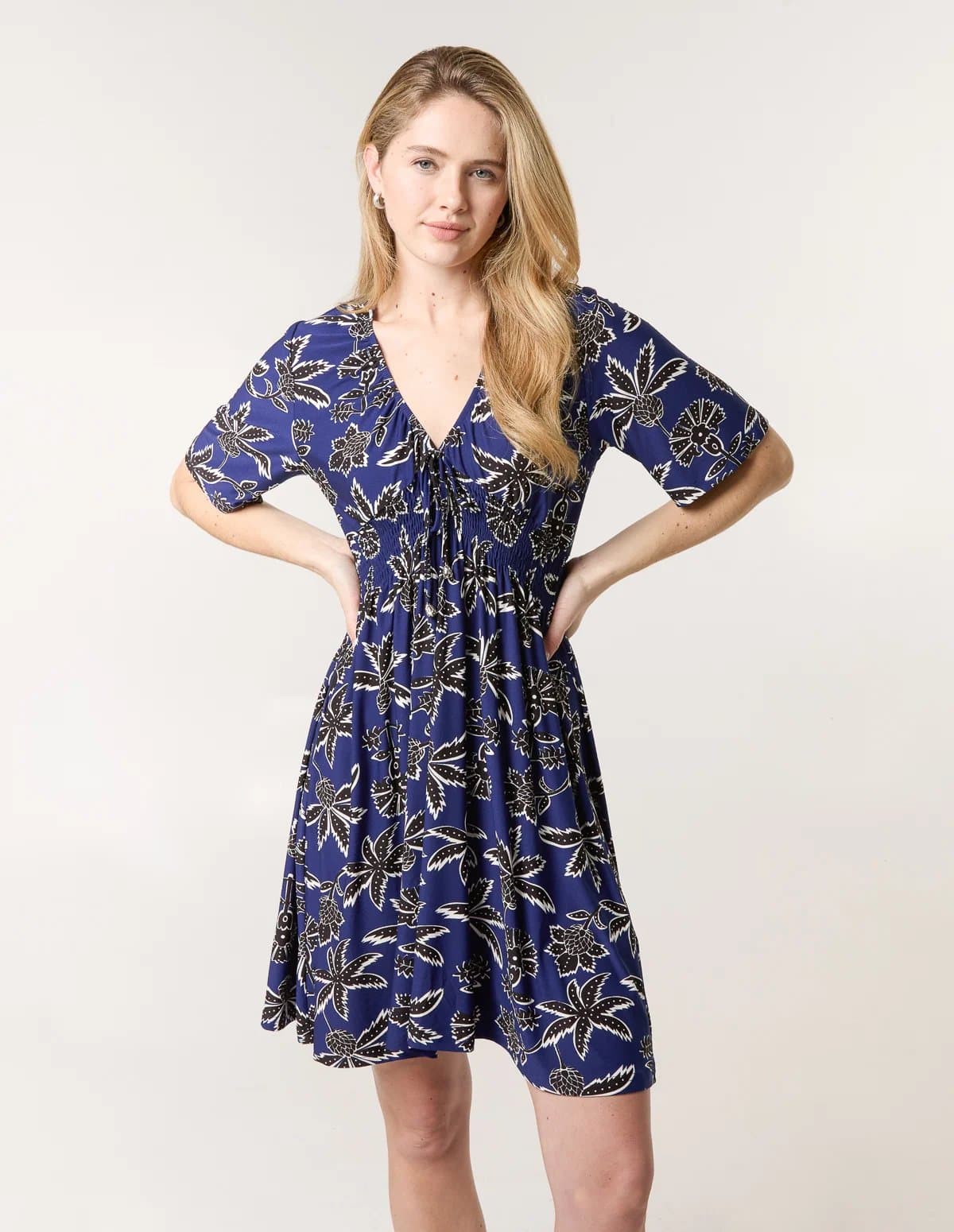Blue Vanilla Shirred Waist Beaded V Neck Mini Dress