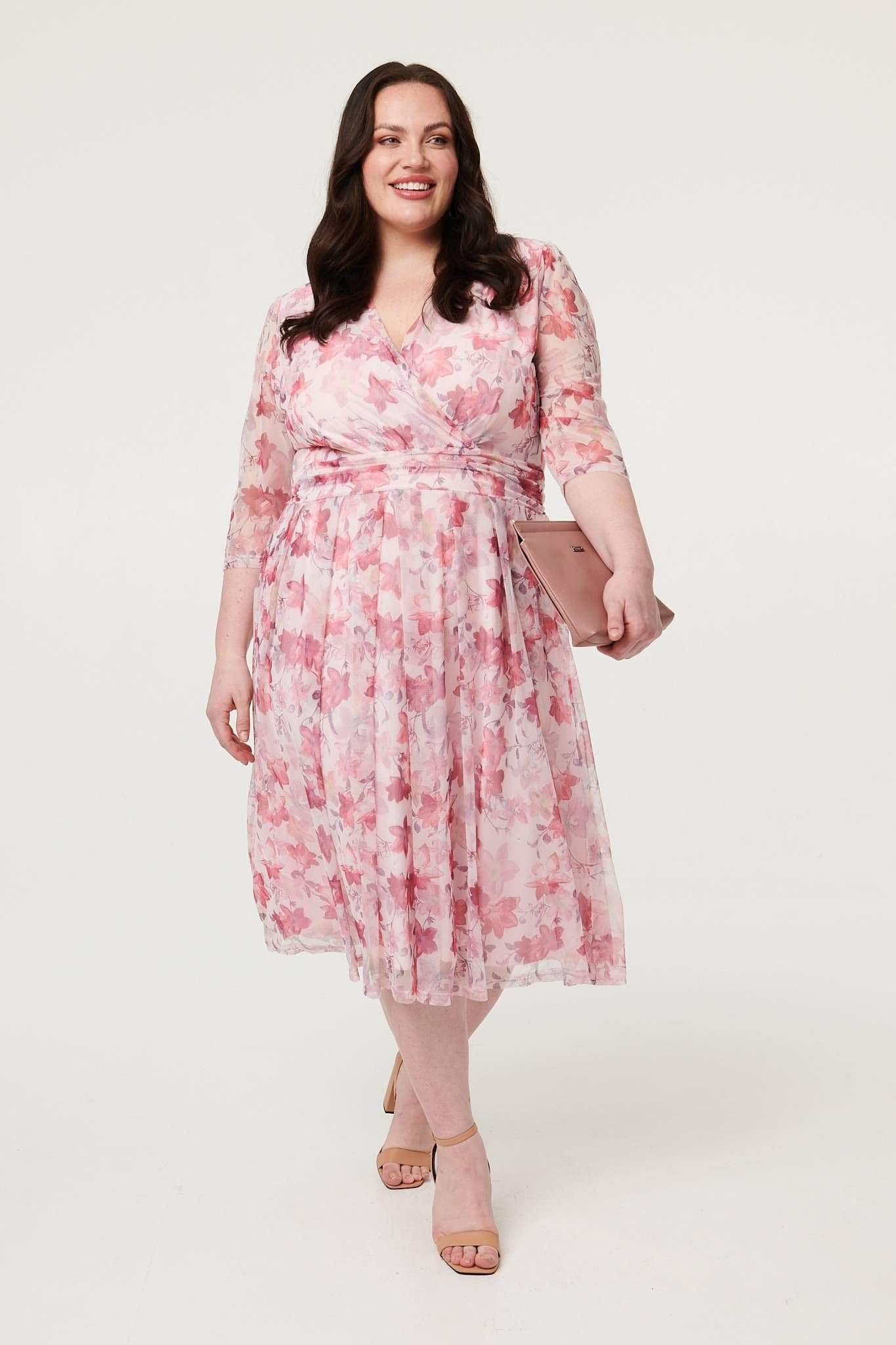 Izabel London Red Floral Wrap 1/2 Sleeve Midi Dress