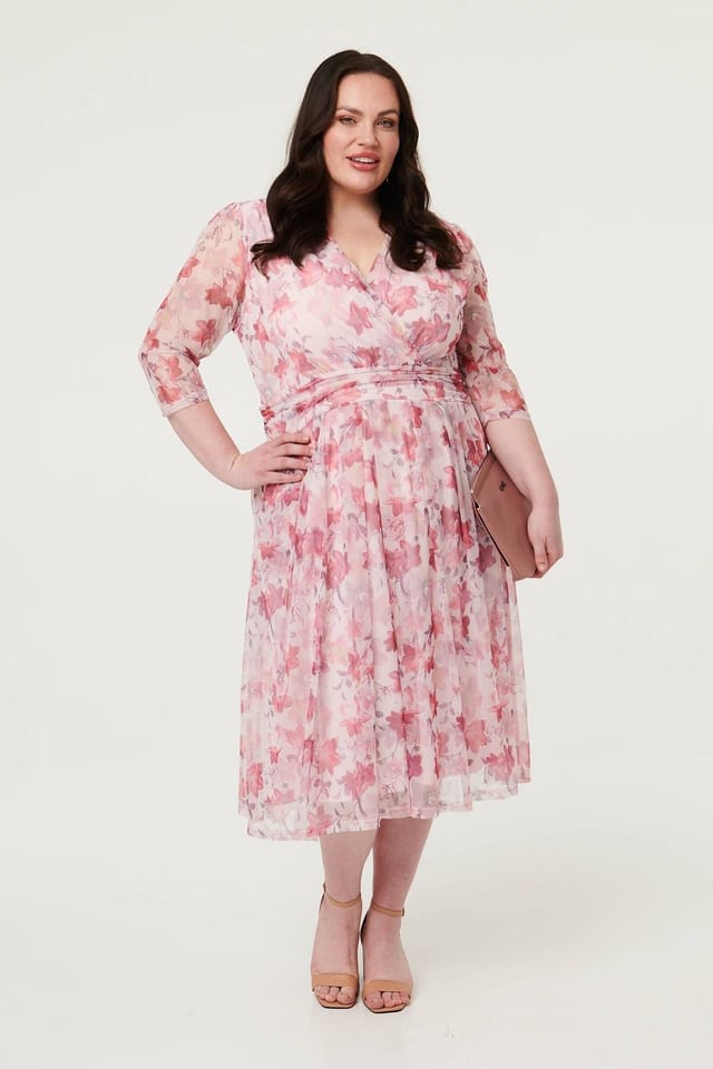 Izabel London Izabel London Women's Curve Floral Wrap 1/2 Sleeve Midi Dress in Red - 2