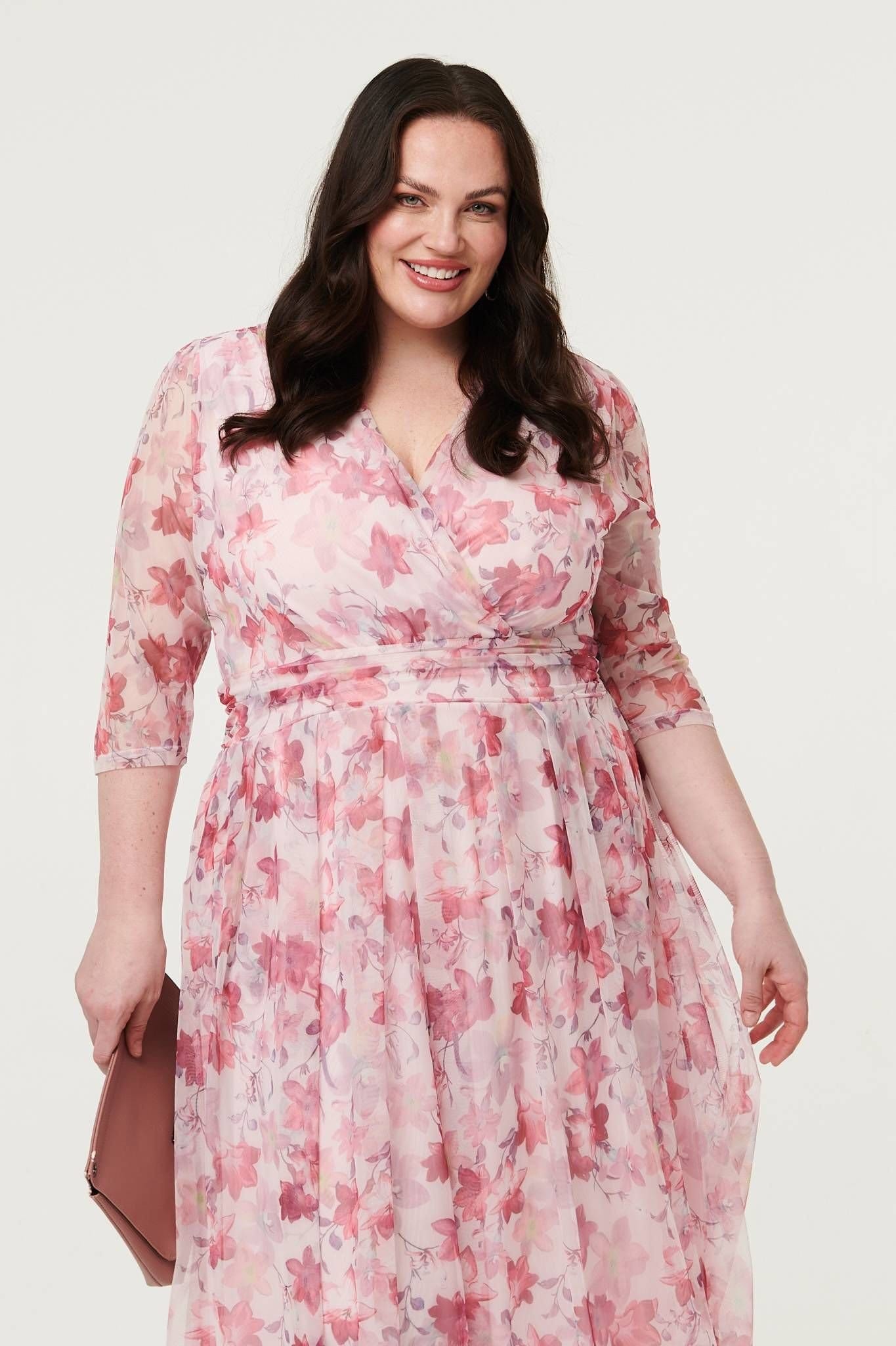 Izabel London Izabel London Women's Curve Floral Wrap 1/2 Sleeve Midi Dress in Red - 4