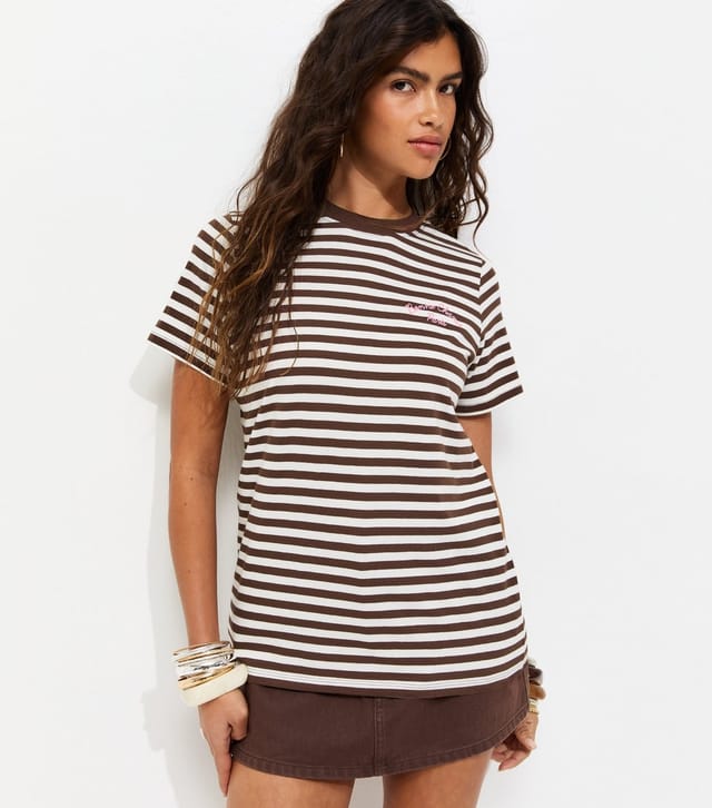 New Look Women's Brown Striped Bonne Chance Embroidered T-Shirt New Look - 2
