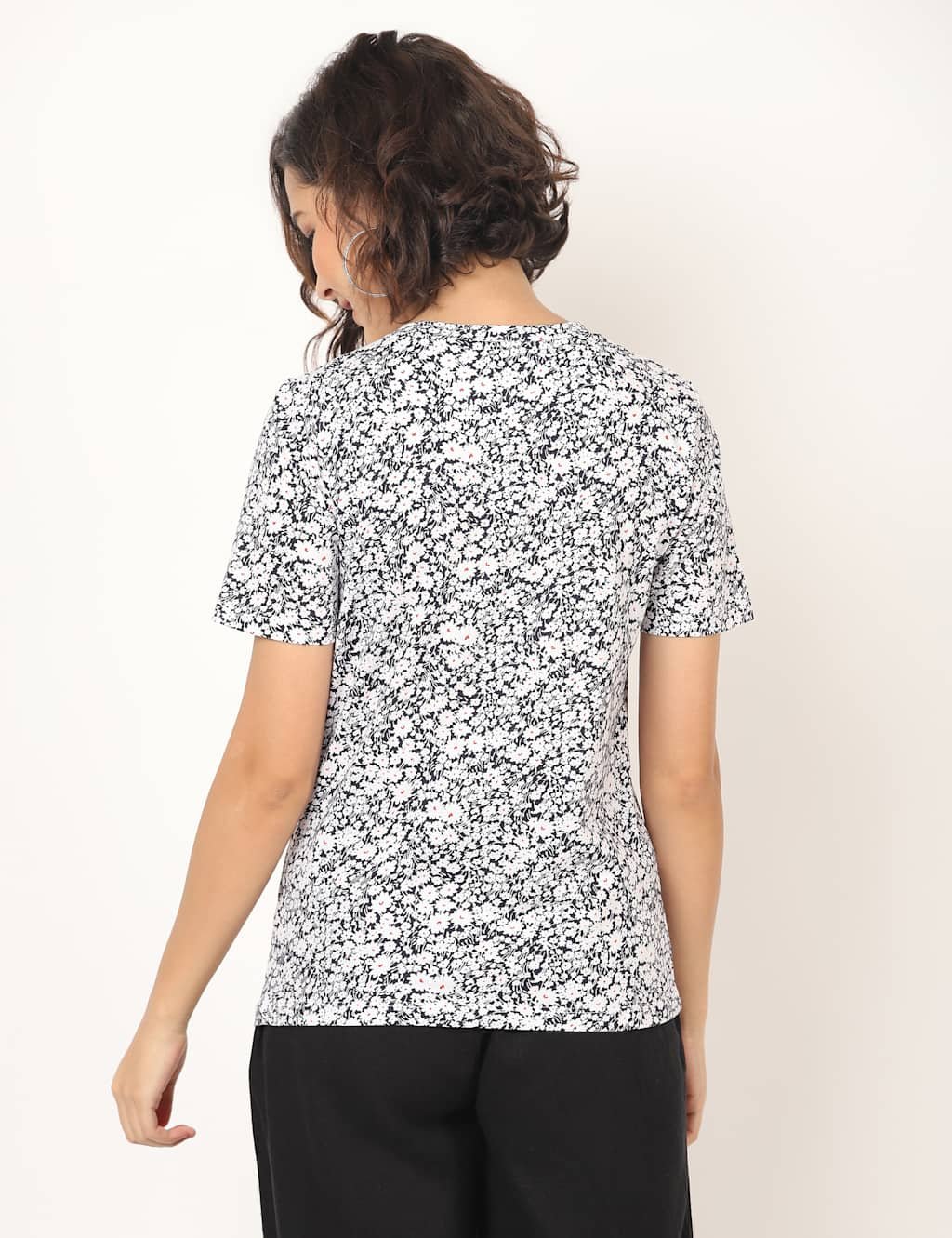 Marks & Spencer M&S Pure Cotton Floral Straight Fit T-Shirt Navy Mix - 3