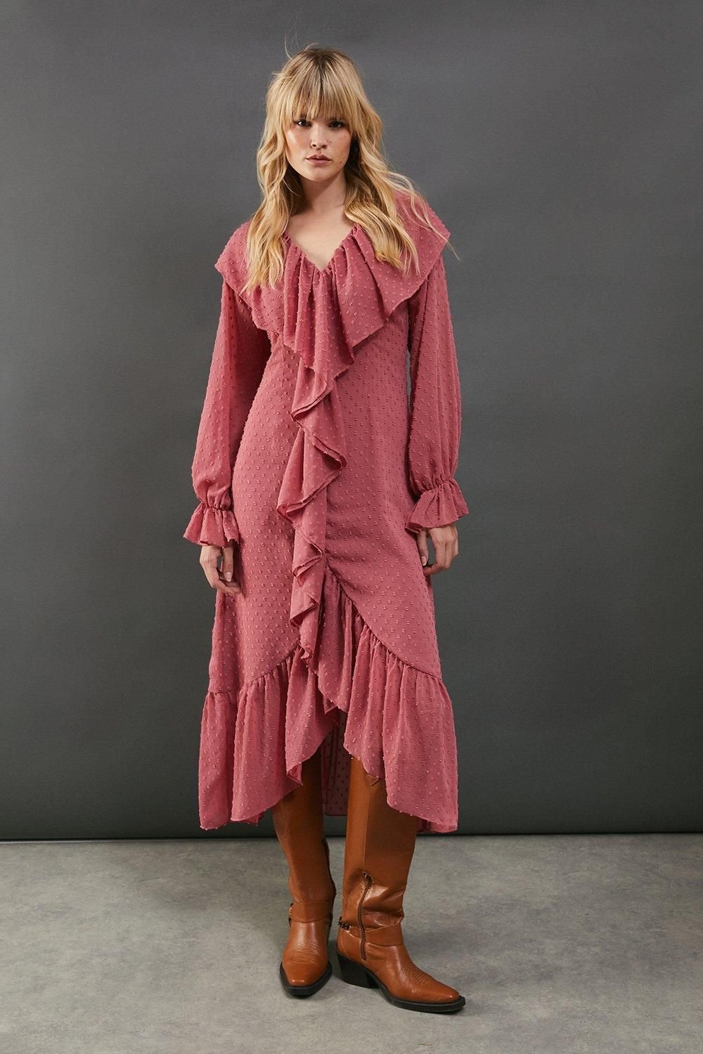 Warehouse Warehouse Women's Dobby Chiffon Ruffle High Low Hem Midi Dress in Rose - 2