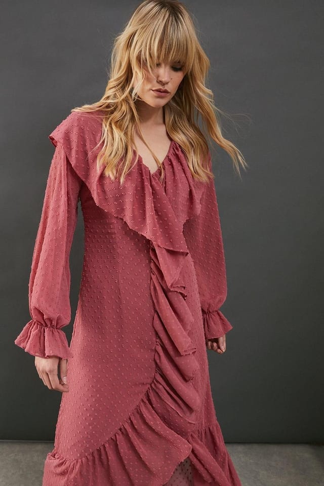 Warehouse Warehouse Women's Dobby Chiffon Ruffle High Low Hem Midi Dress in Rose - 2