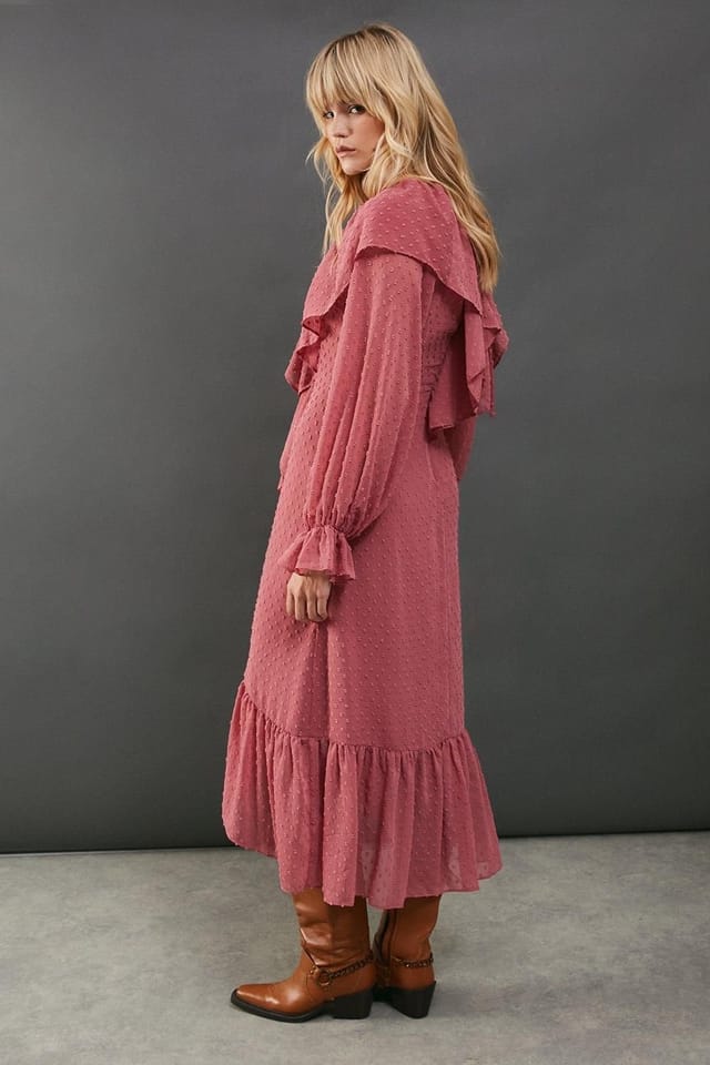 Warehouse Warehouse Women's Dobby Chiffon Ruffle High Low Hem Midi Dress in Rose - 3