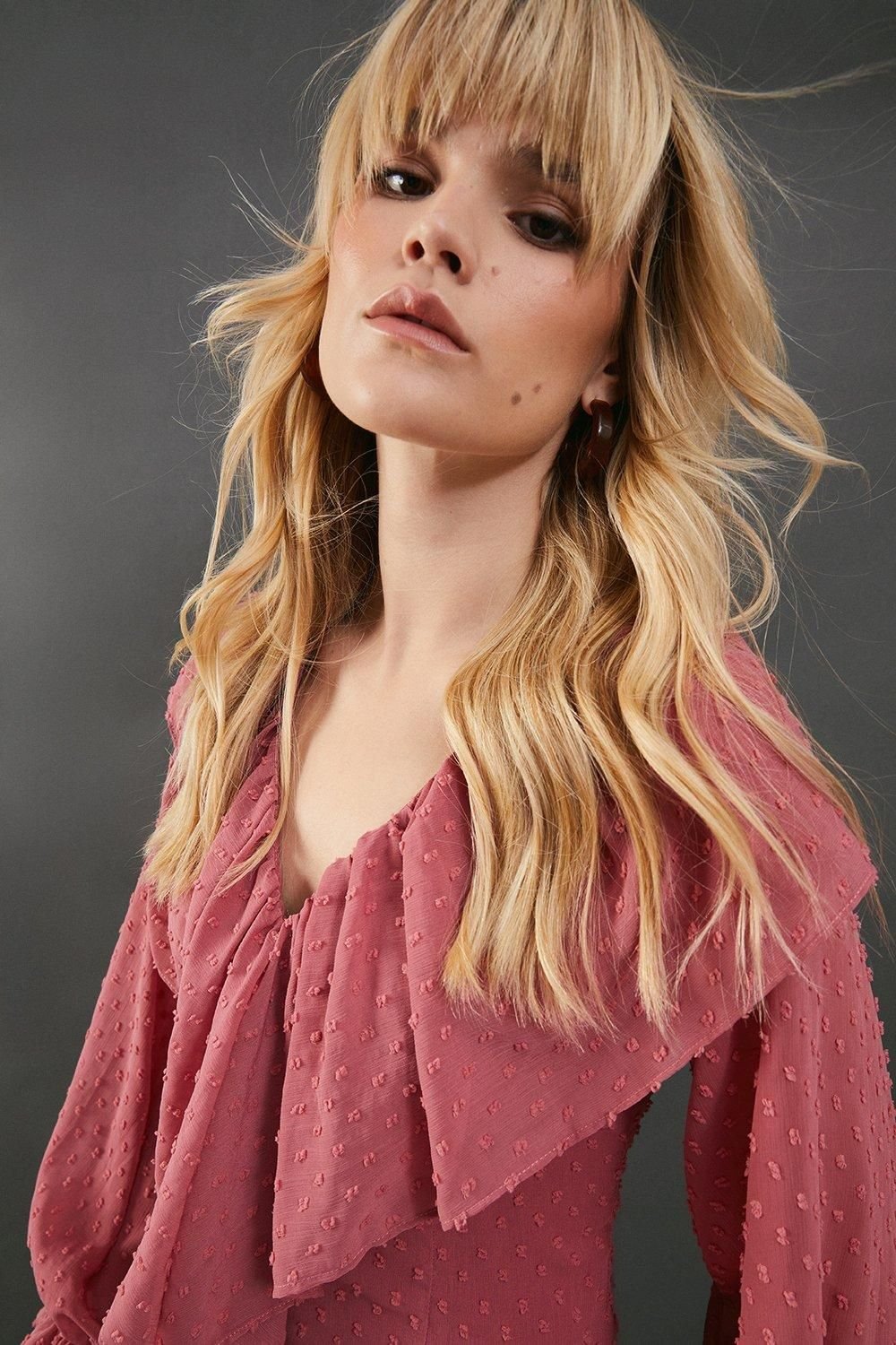 Warehouse Warehouse Women's Dobby Chiffon Ruffle High Low Hem Midi Dress in Rose - 4