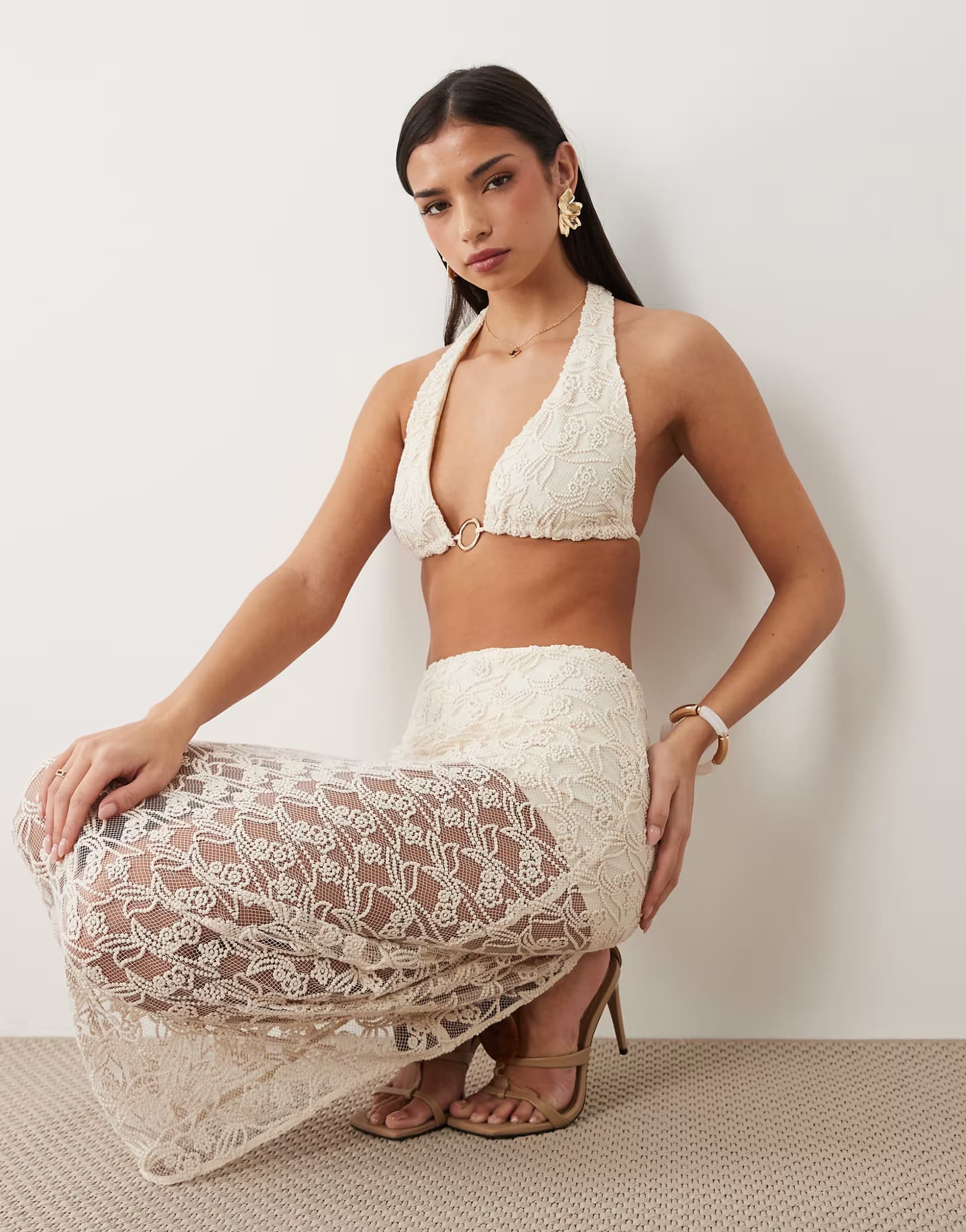ASOS Bardot Venetia halter bralette co-ord in light beige
