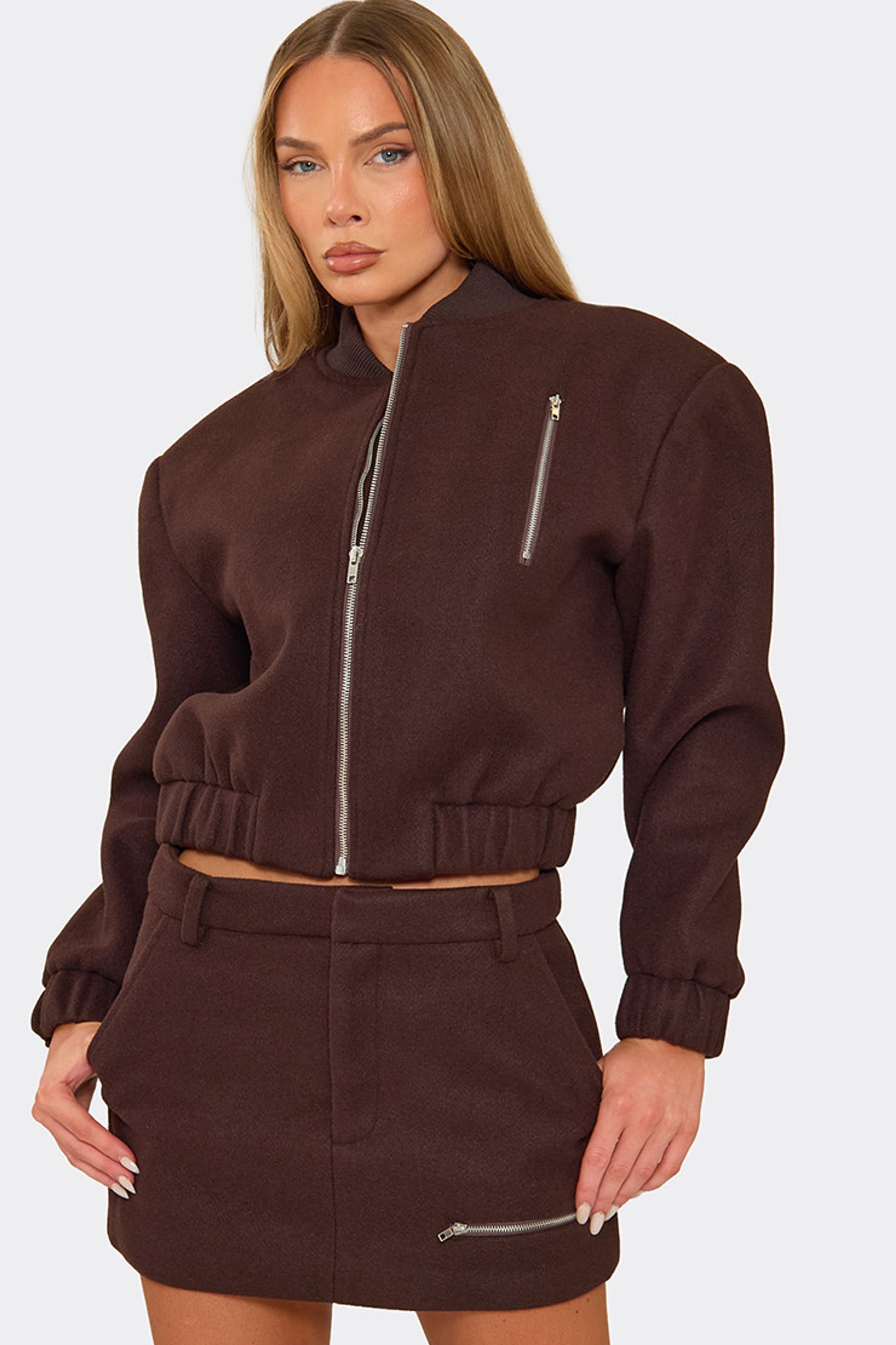 EGO EGO Women's Long Sleeve Zip Detail Wool Look Jacket in Chocolate