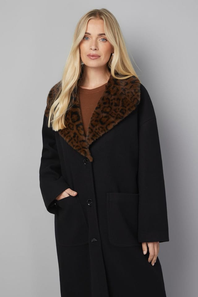 Wallis Wallis Women's Petite Leopard Faux Fur Collar Coat in Black - 2