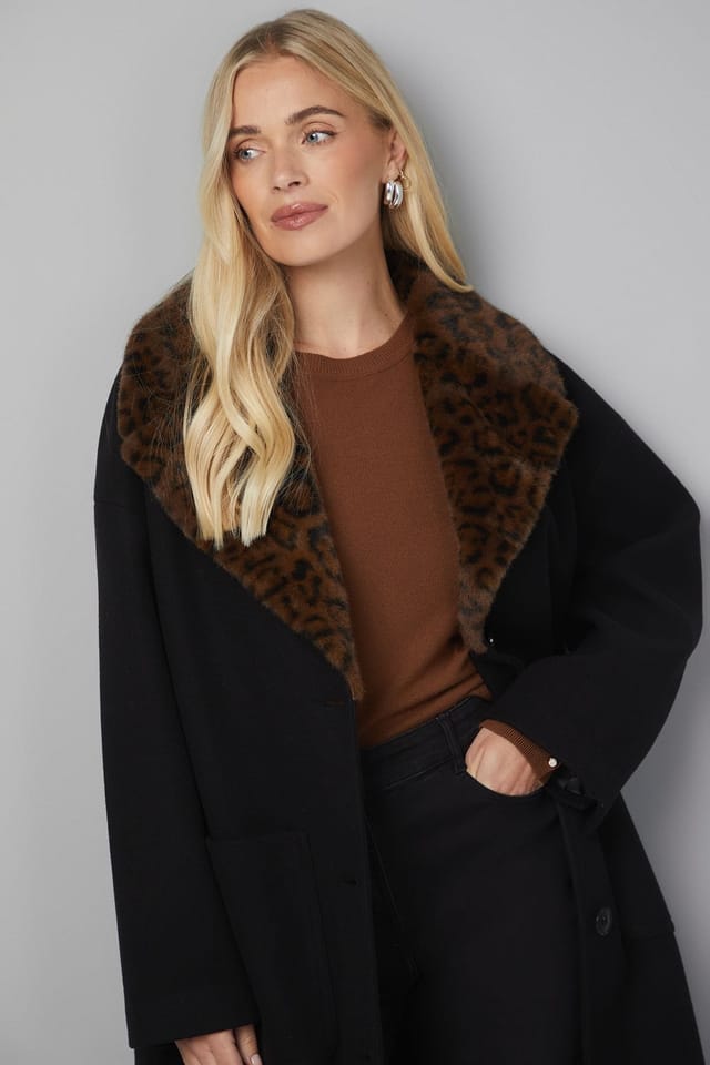 Wallis Wallis Women's Petite Leopard Faux Fur Collar Coat in Black - 3
