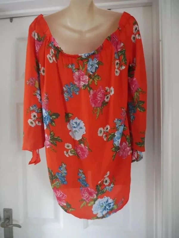 New Look Vibrant Floral Blouse Size 12 New Look Off the Shoulder Top Orange/ Red Floaty
