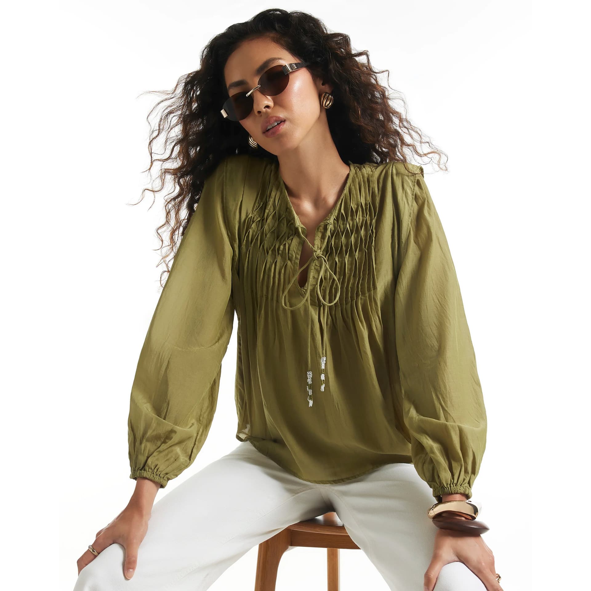 River Island River Island Womens Khaki Smock Yoke Blouse