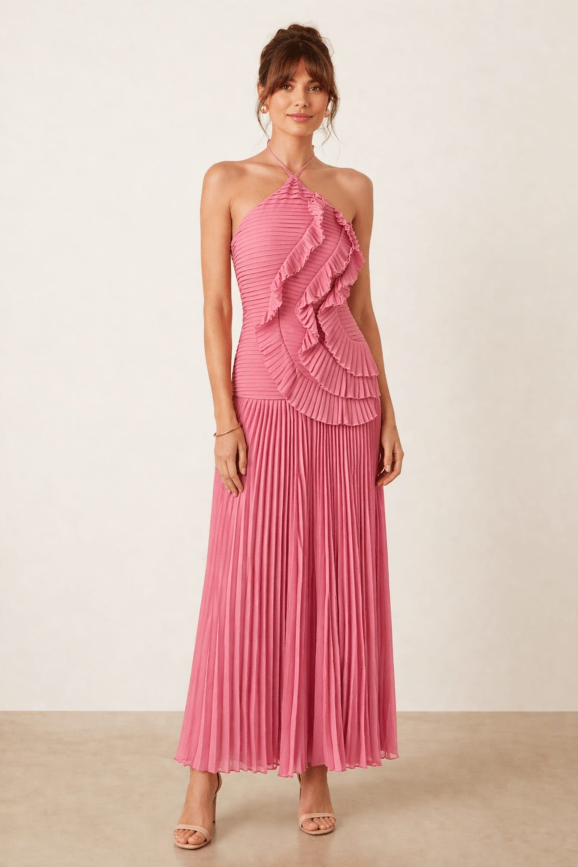 Style Cheat Pink Pleated Halter Maxi Dress
