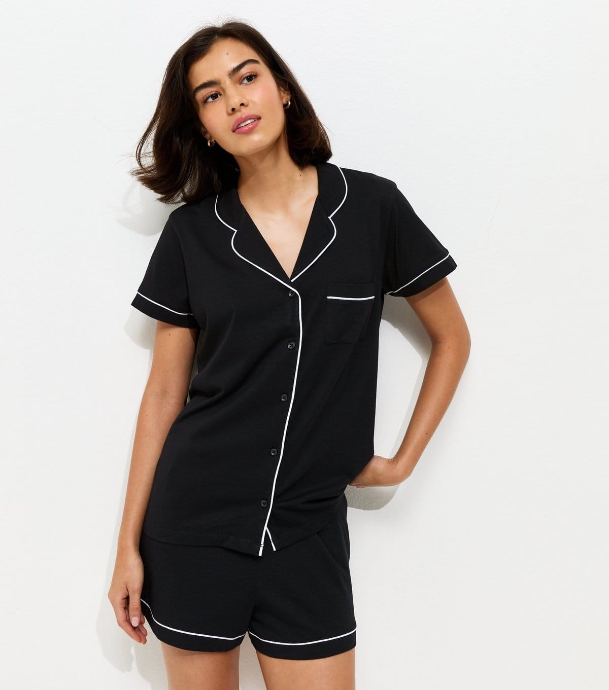 Women's Black Revere Collar Short Sleeve Top and Shorts Pyjama Set New Look