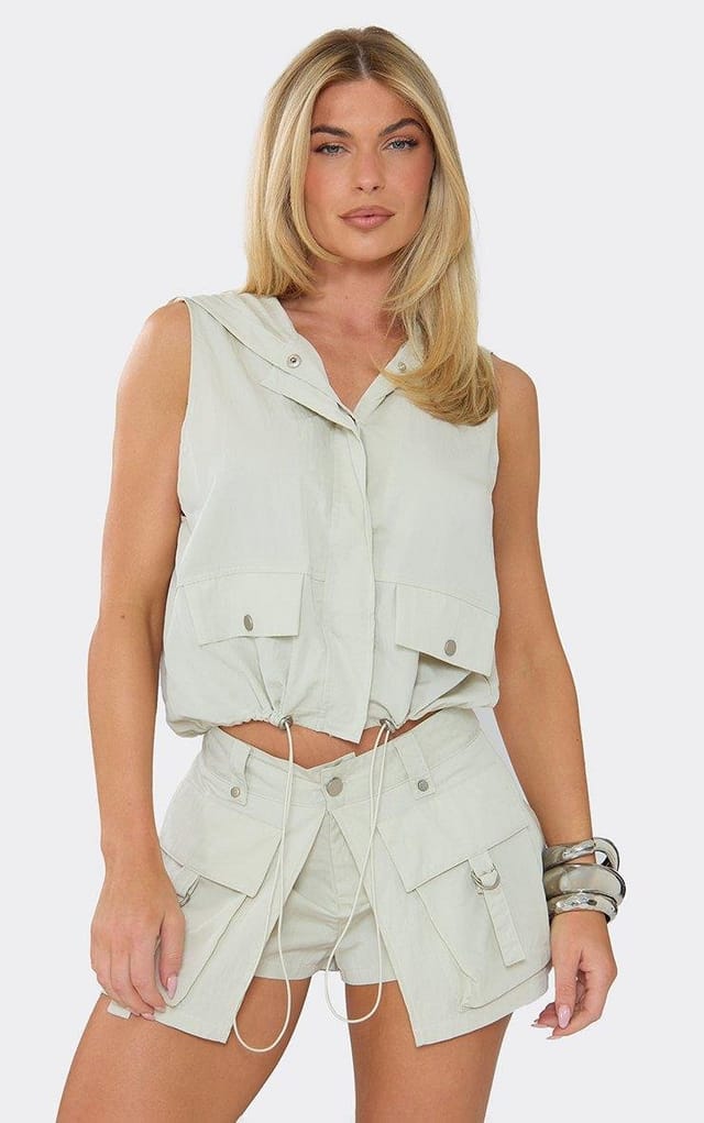 EGO Sleeveless Popper Front Hooded Cargo Top In Stone, Women's Size UK 6 - 2