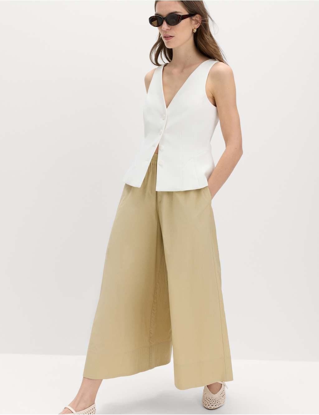 Marks & Spencer M&S Pure Cotton Cropped Palazzo Trousers Sandstone