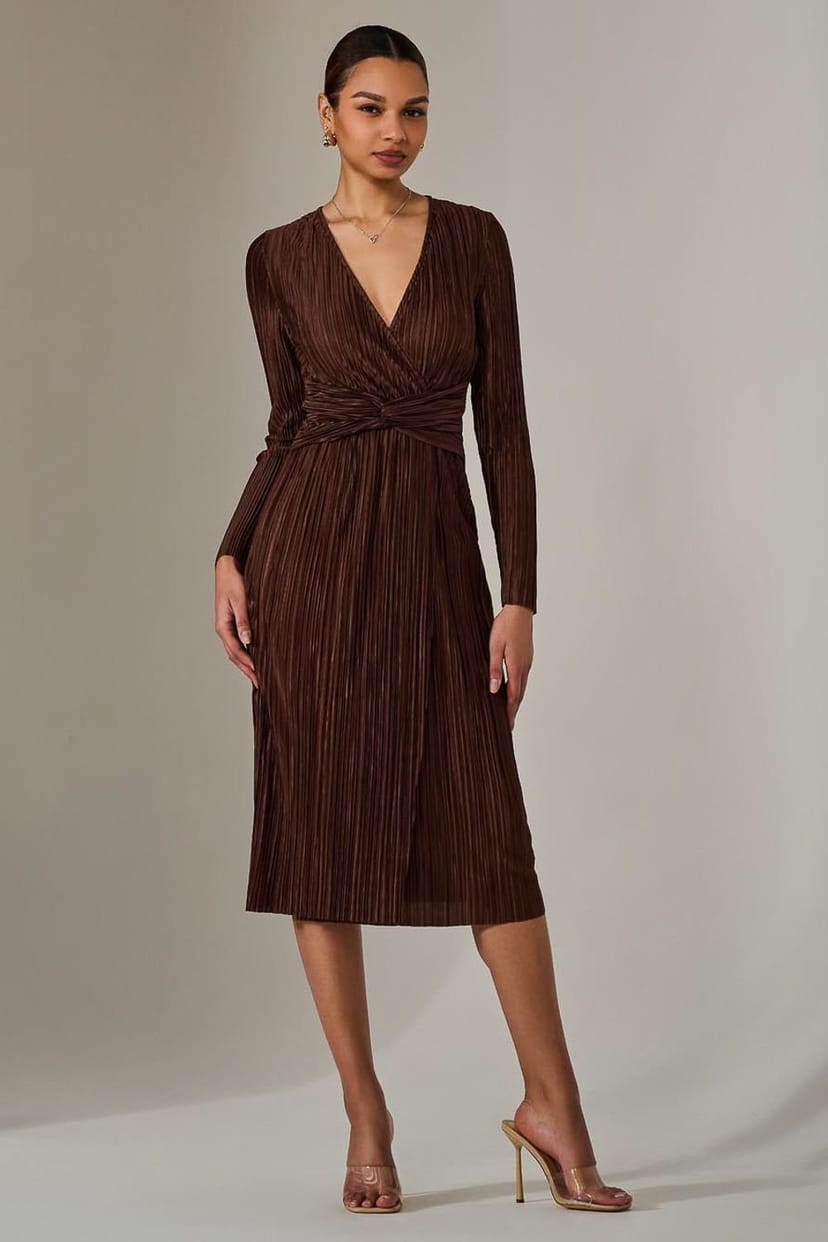 Jolie Moi Jolie Moi Women's Plisse Long Sleeve Midi Dress in Brown - 1