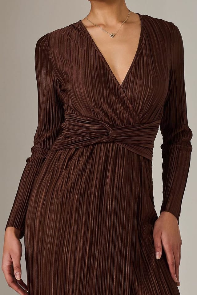 Jolie Moi Jolie Moi Women's Plisse Long Sleeve Midi Dress in Brown - 3