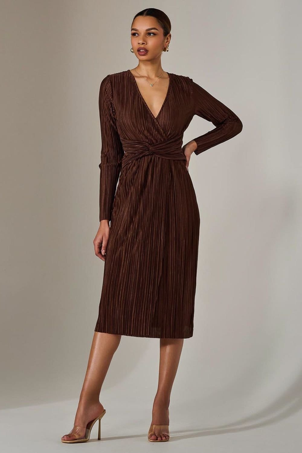 Jolie Moi Jolie Moi Women's Plisse Long Sleeve Midi Dress in Brown - 4