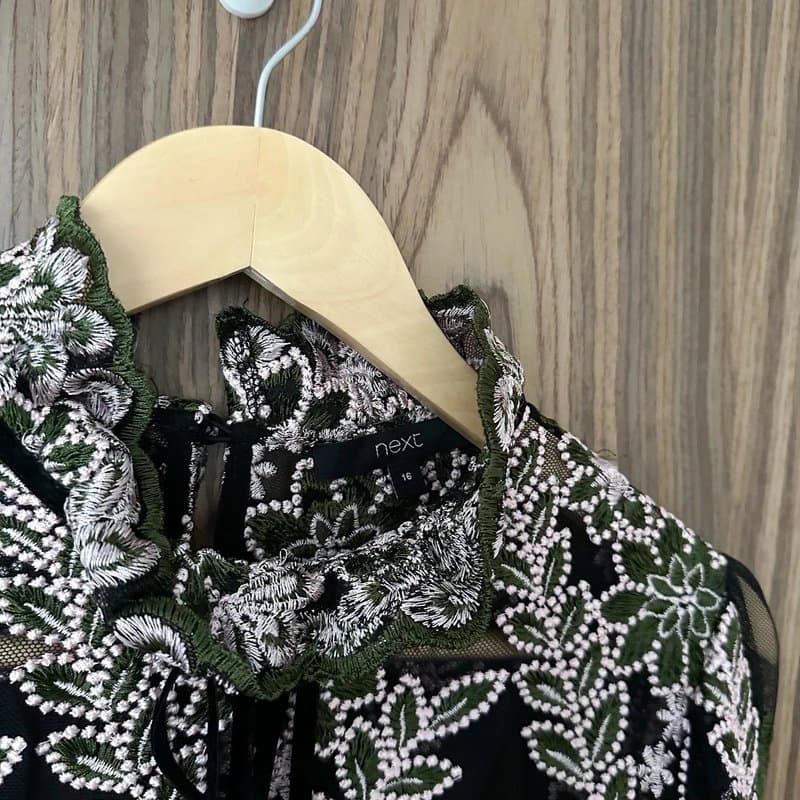 Next Next Black Pink Embroidered Floral Sheer High Frill Neck Top Size 16