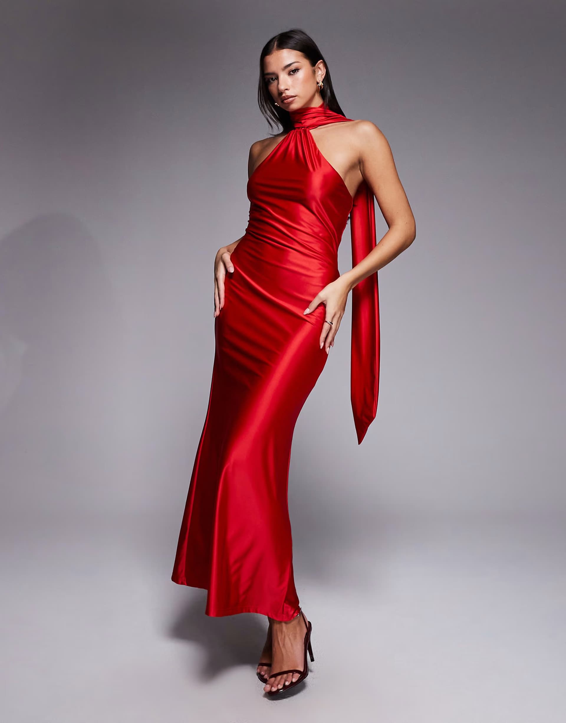 ASOS Rare London stretch satin asymmetric scarf detail maxi dress in red