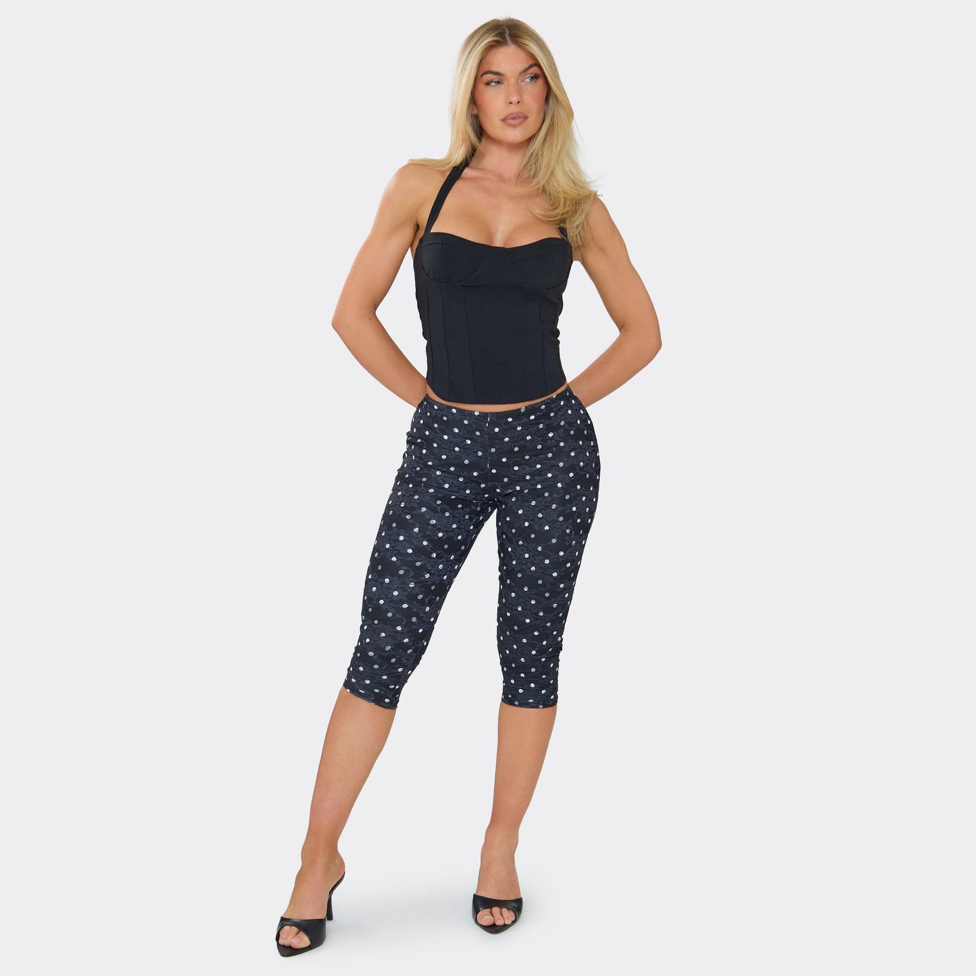 EGO Black Polka Dot Lace Low Rise Capri Leggings