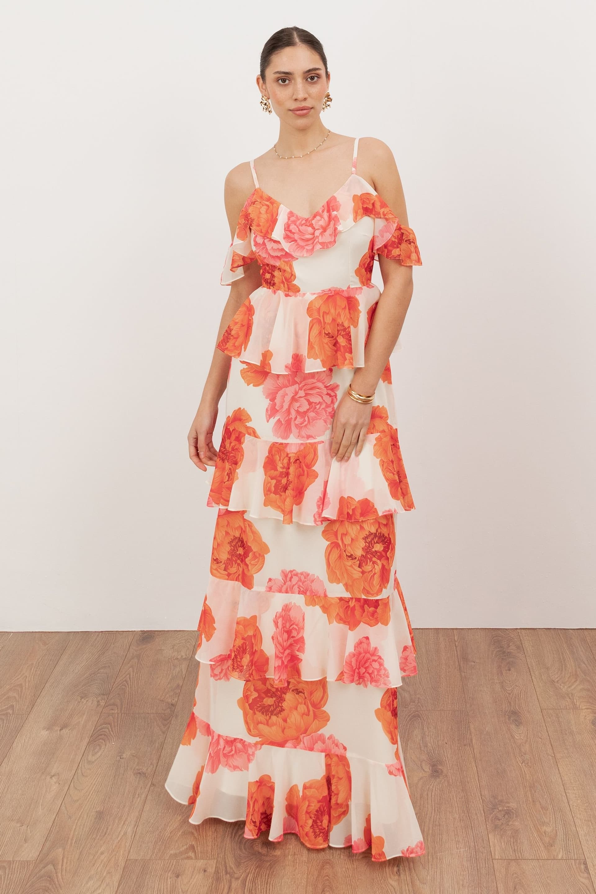 Anaya with Love Anaya with Love Women's Floral Cold Shoulder Tiered Maxi Dress in Coral