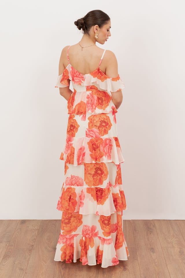 Anaya with Love Anaya with Love Women's Floral Cold Shoulder Tiered Maxi Dress in Coral - 2