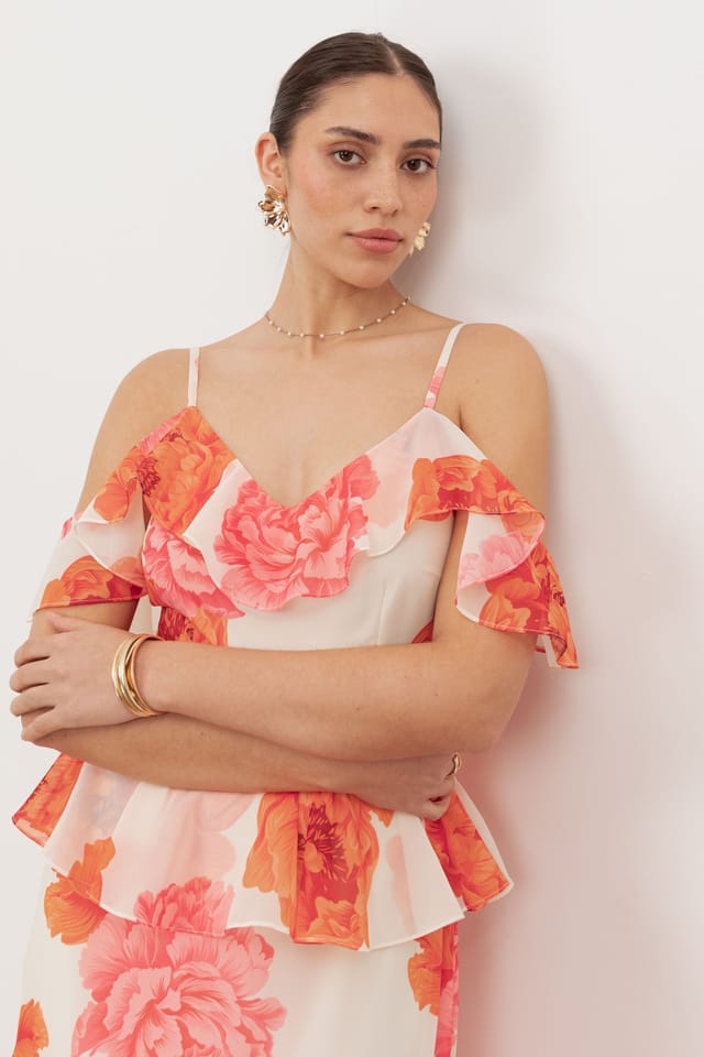 Anaya with Love Anaya with Love Women's Floral Cold Shoulder Tiered Maxi Dress in Coral - 3