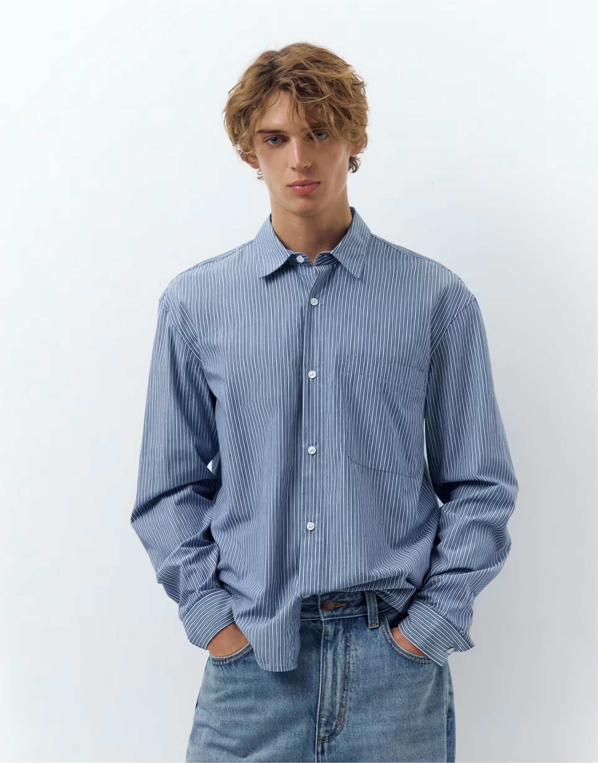 ASOS Pull&Bear Striped long sleeve shirt in pale blue - 1