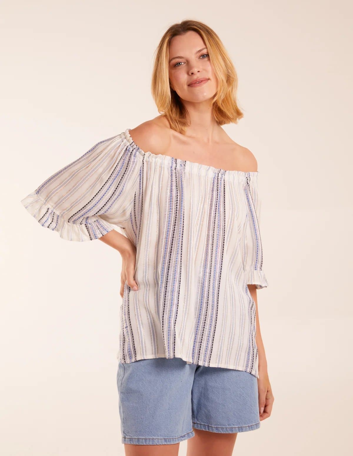 Blue Vanilla Metallic Strip Bardot Top