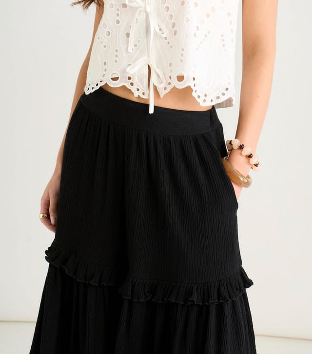 Gini London Women's Black Tiered Cotton Skater Skirt Gini London New Look - 2