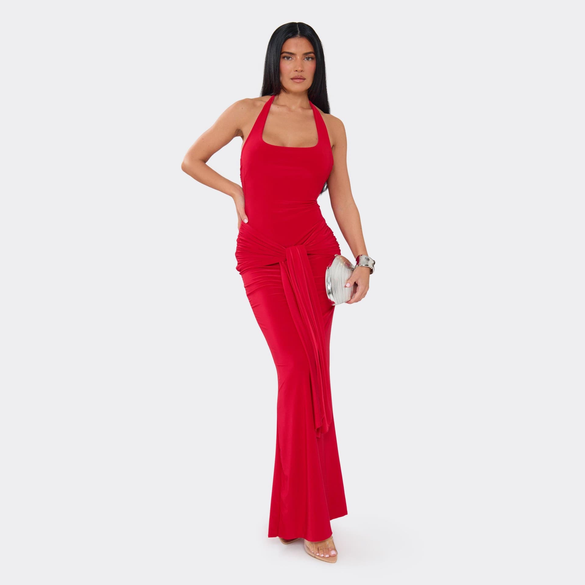 EGO Halter Neck Tie Drape Maxi Dress In Red, Women's Size UK 6